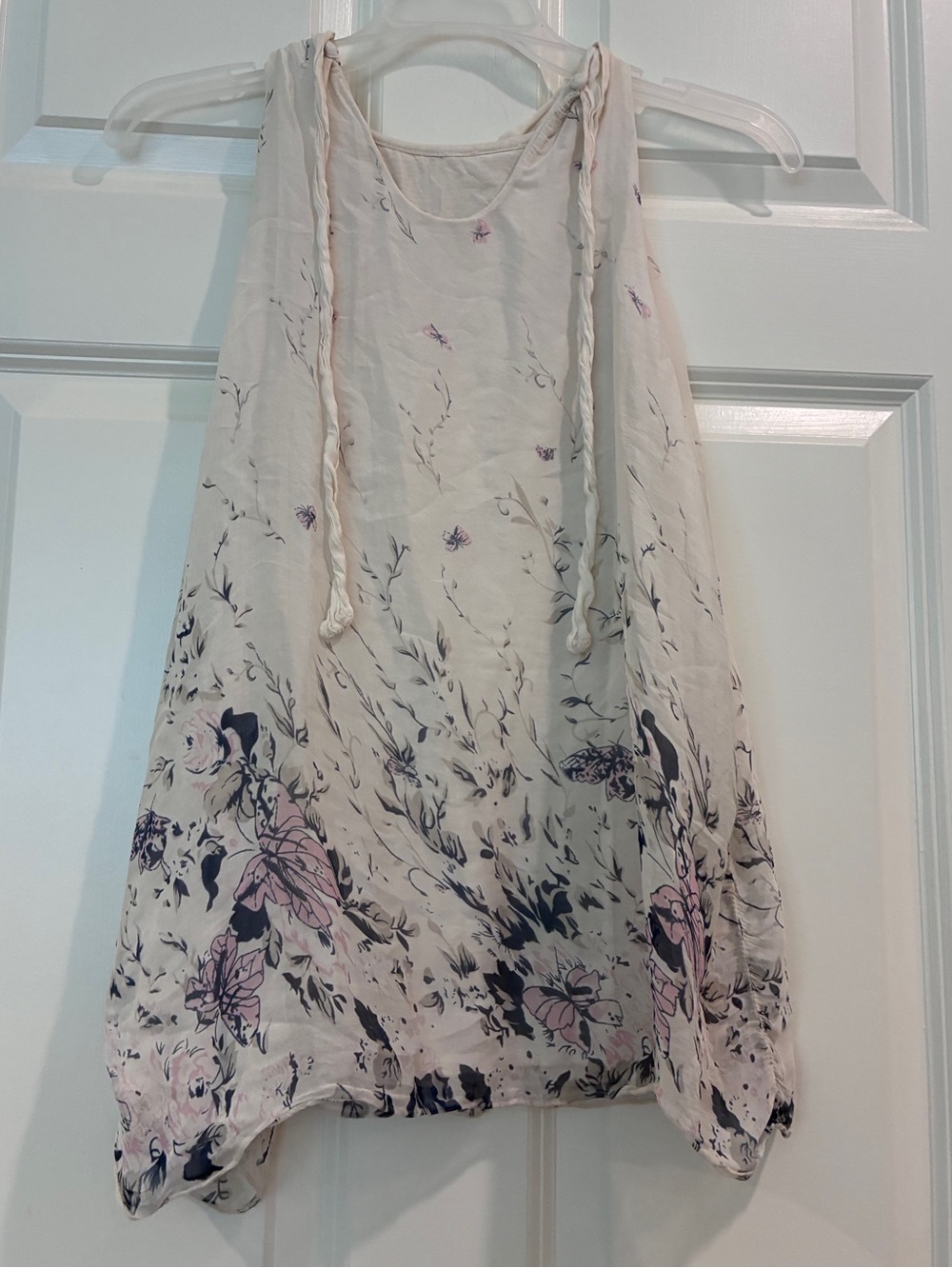 Light Pink Floral Sleeveless Blouse with Drawstring